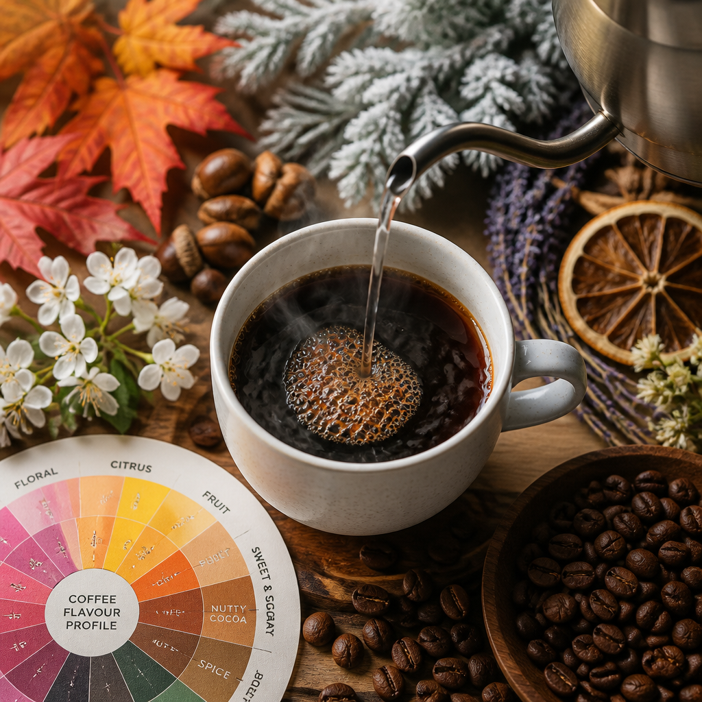 Coffee brewing scene with seasonal elements representing the changing flavour profiles of single origin coffees