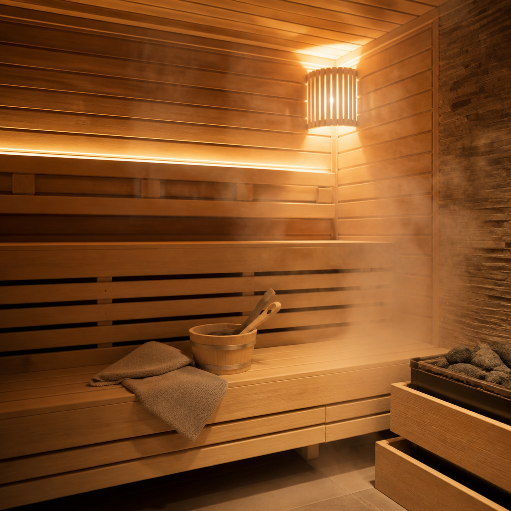 Interior de sauna de madeira com bancos vazios e vapor aquecido