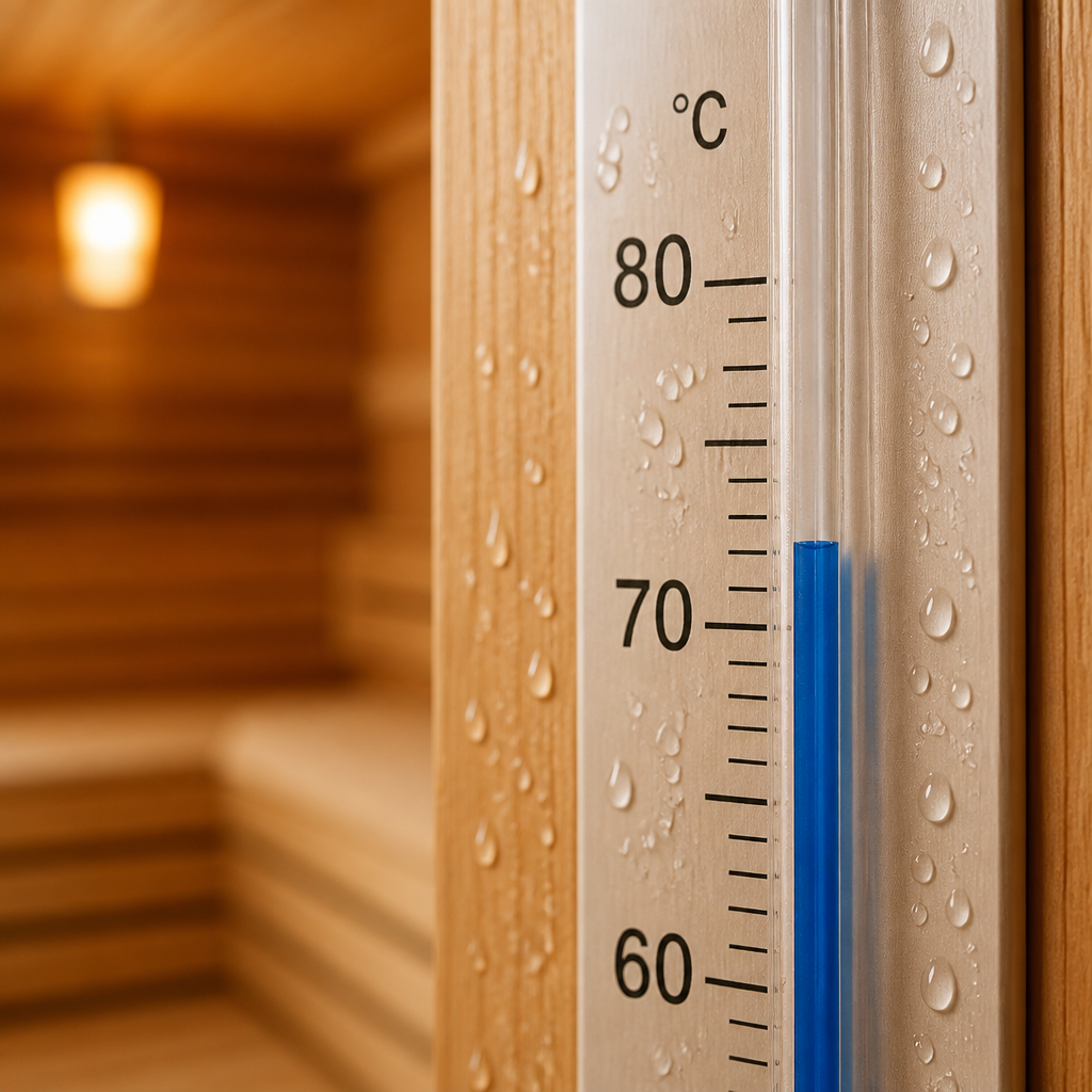 Termómetro em ambiente de sauna mostrando medição de temperatura