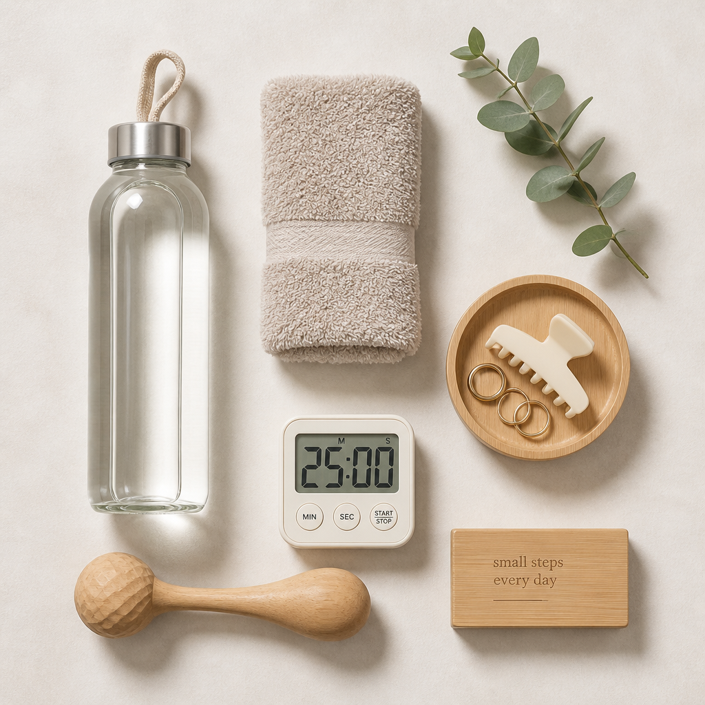 Arranjo plano de itens de preparação para sauna incluindo garrafa de água e toalha