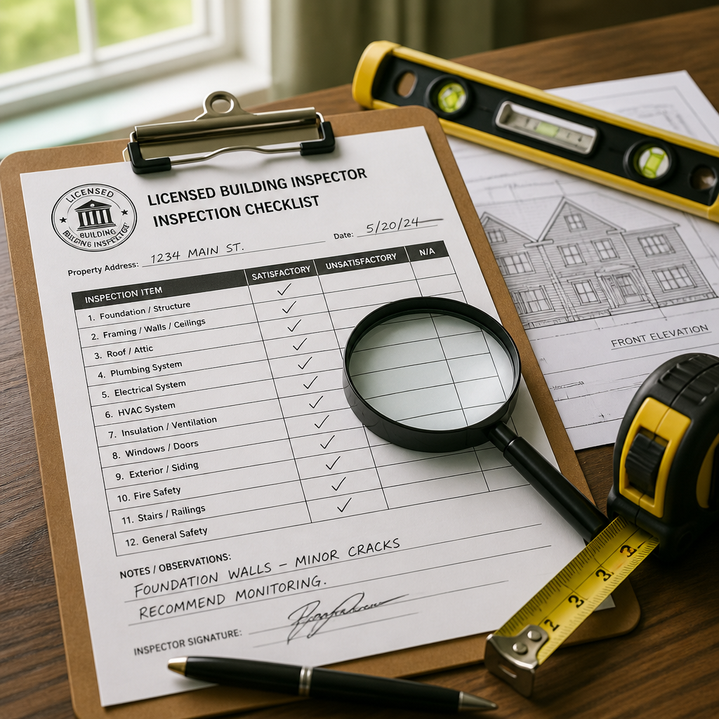 Building inspector's tools and checklist on workbench during property inspection