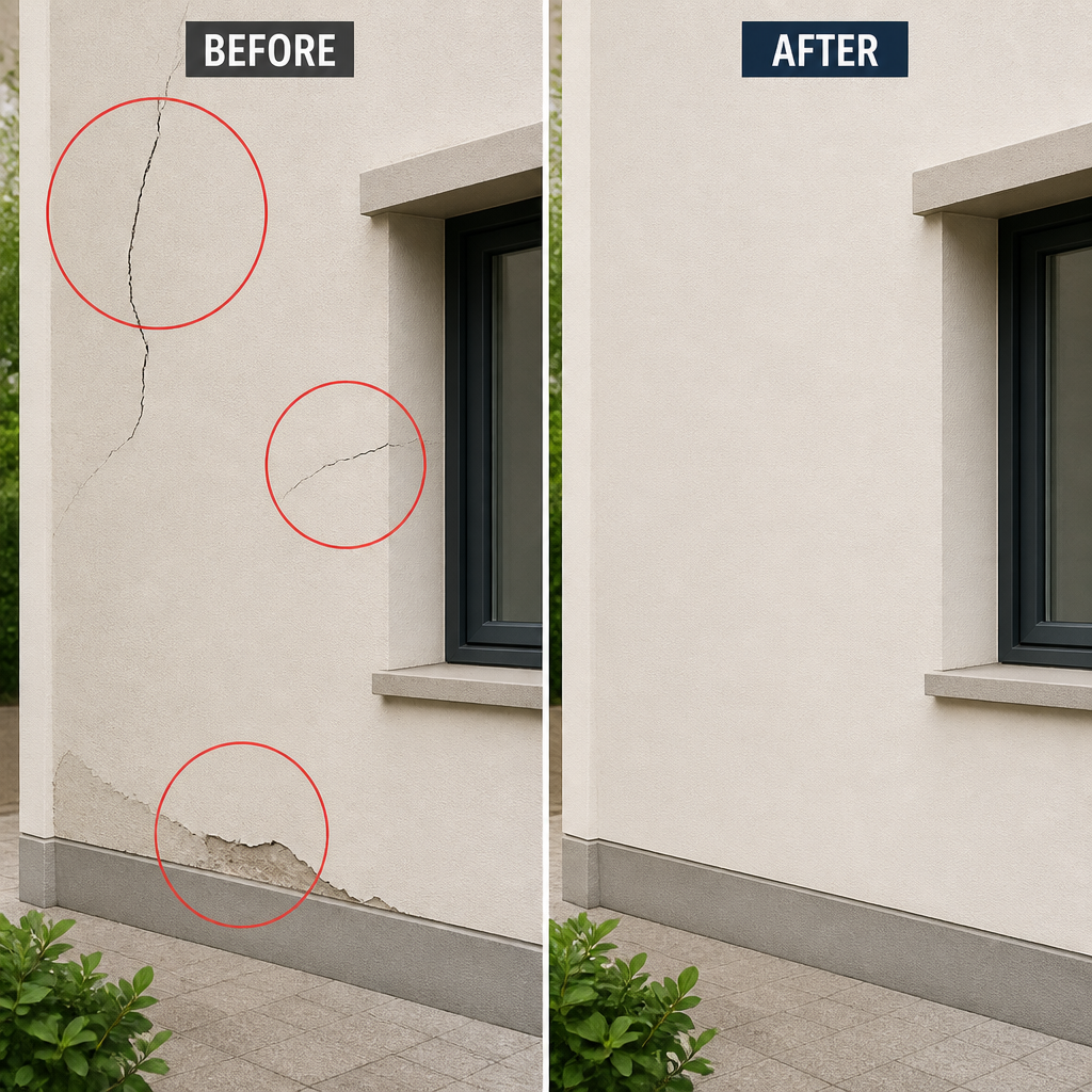 Before and after comparison of building defects rectification on residential wall