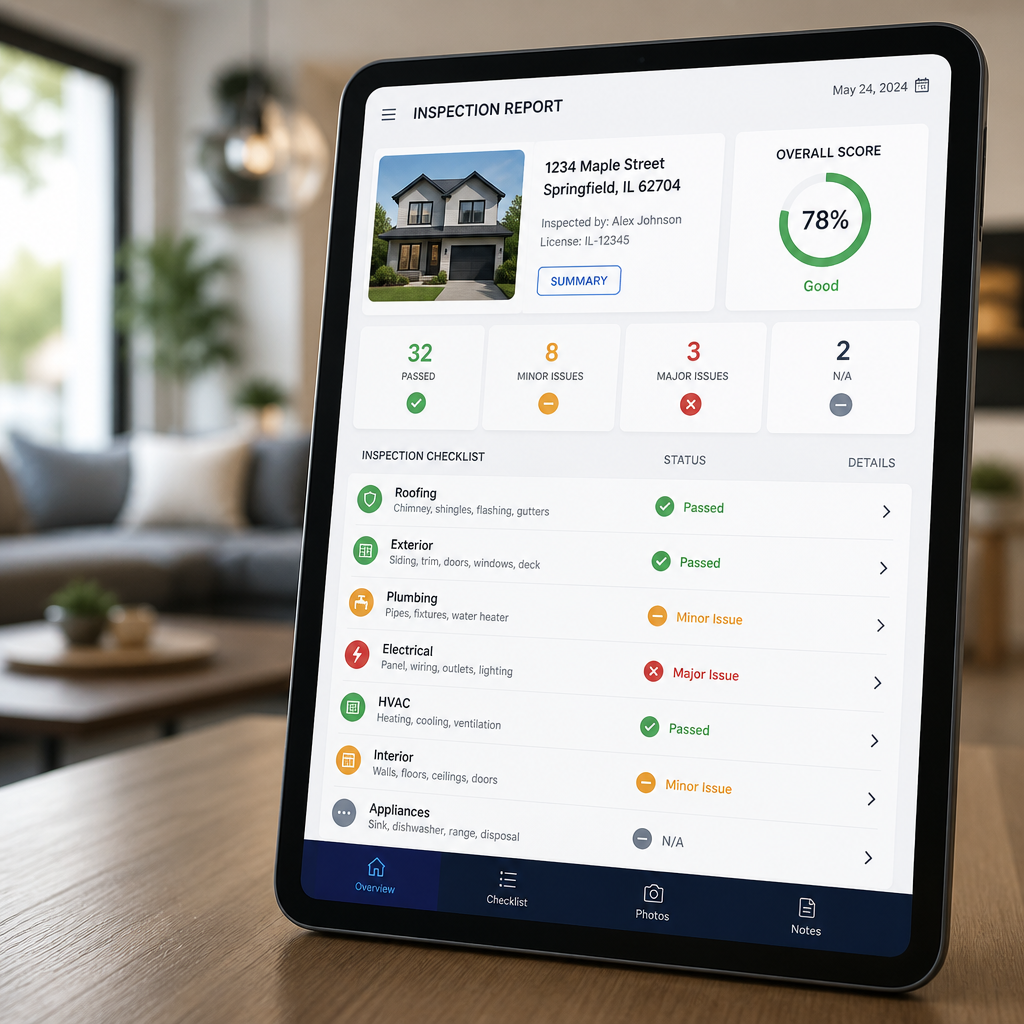 Digital inspection report and defect checklist displayed on tablet screen