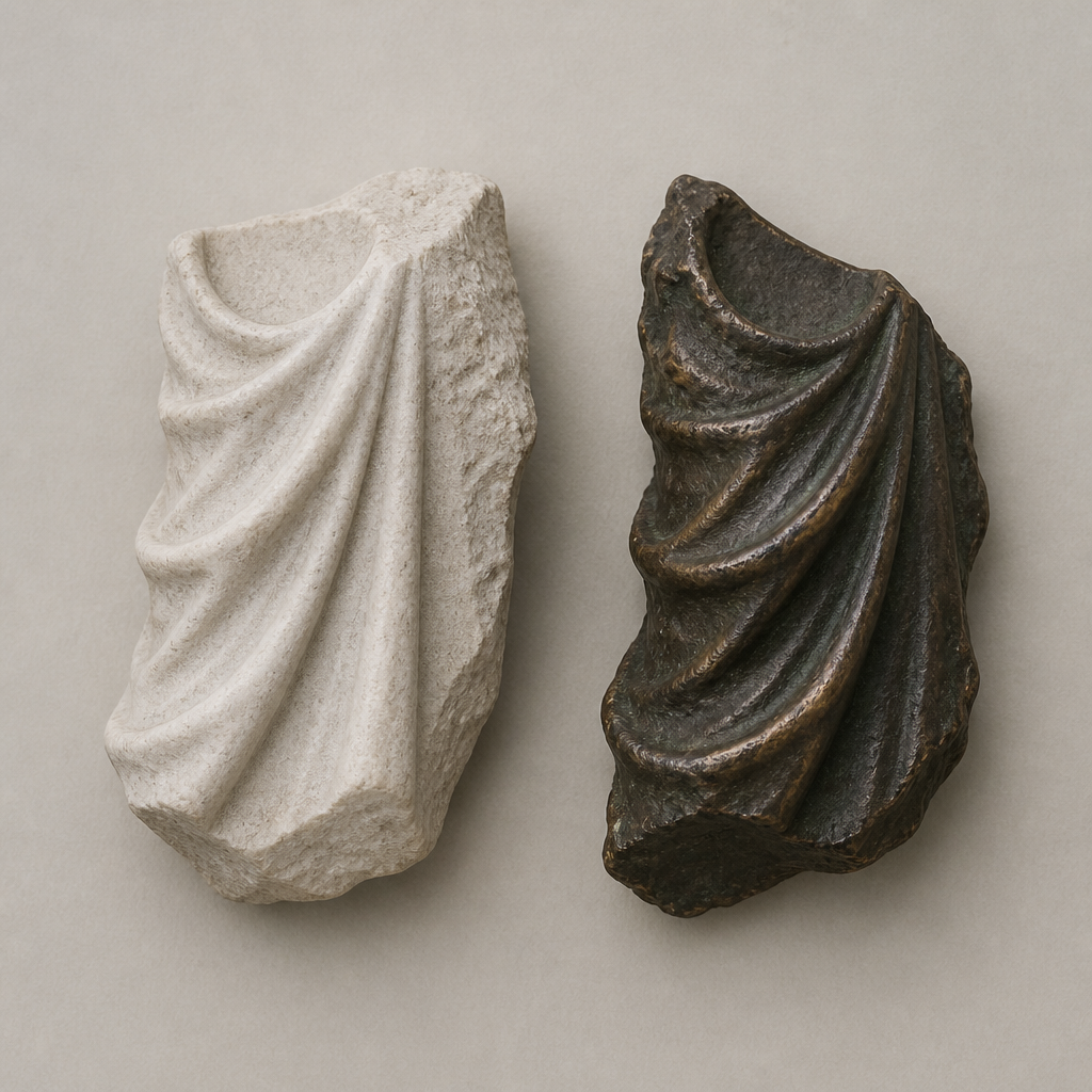 Matériaux de sculpture en pierre et en bronze présentés ensemble pour comparaison des matériaux