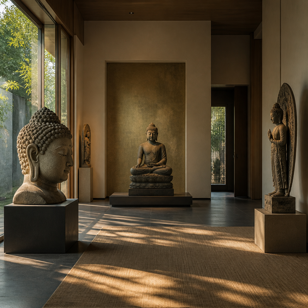 Sculptures bouddhistes en pierre exposées dans une galerie contemplative