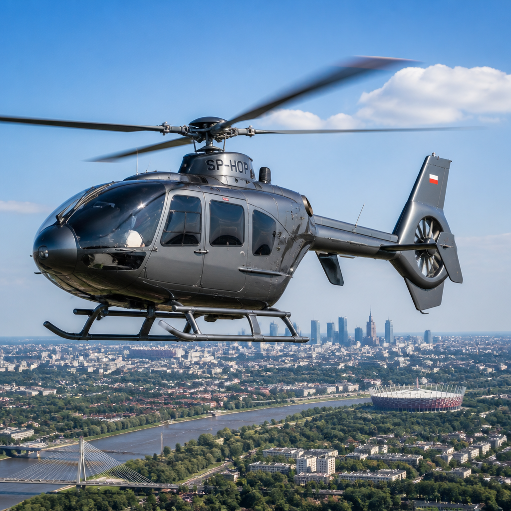 Widok z lotu ptaka nowoczesnego helikoptera nad polskim krajobrazem