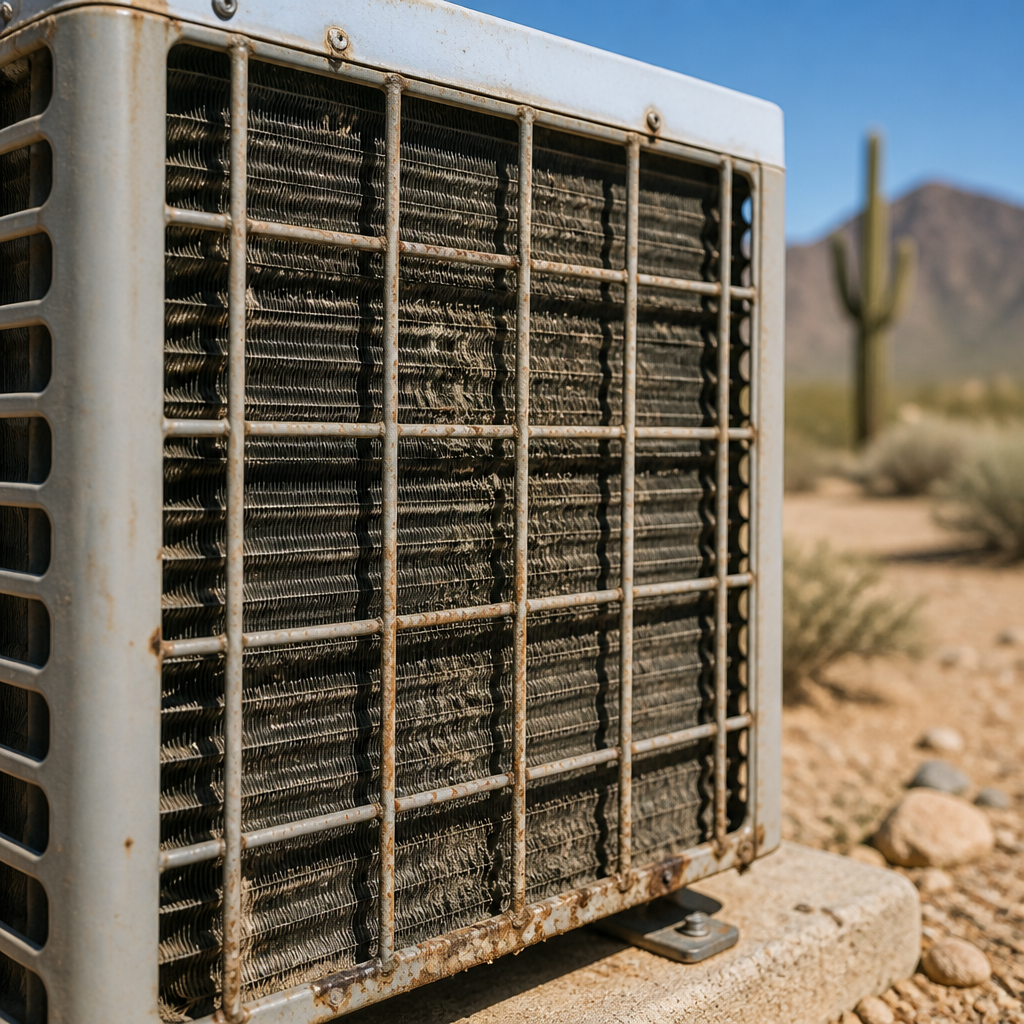 Weathered outdoor AC condenser unit showing dust and corrosion in desert heat