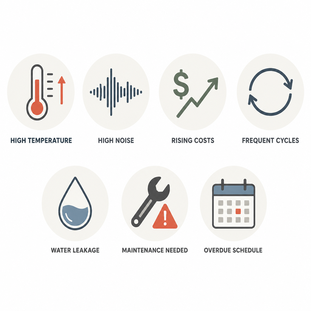 Seven warning sign icons representing AC system failure indicators