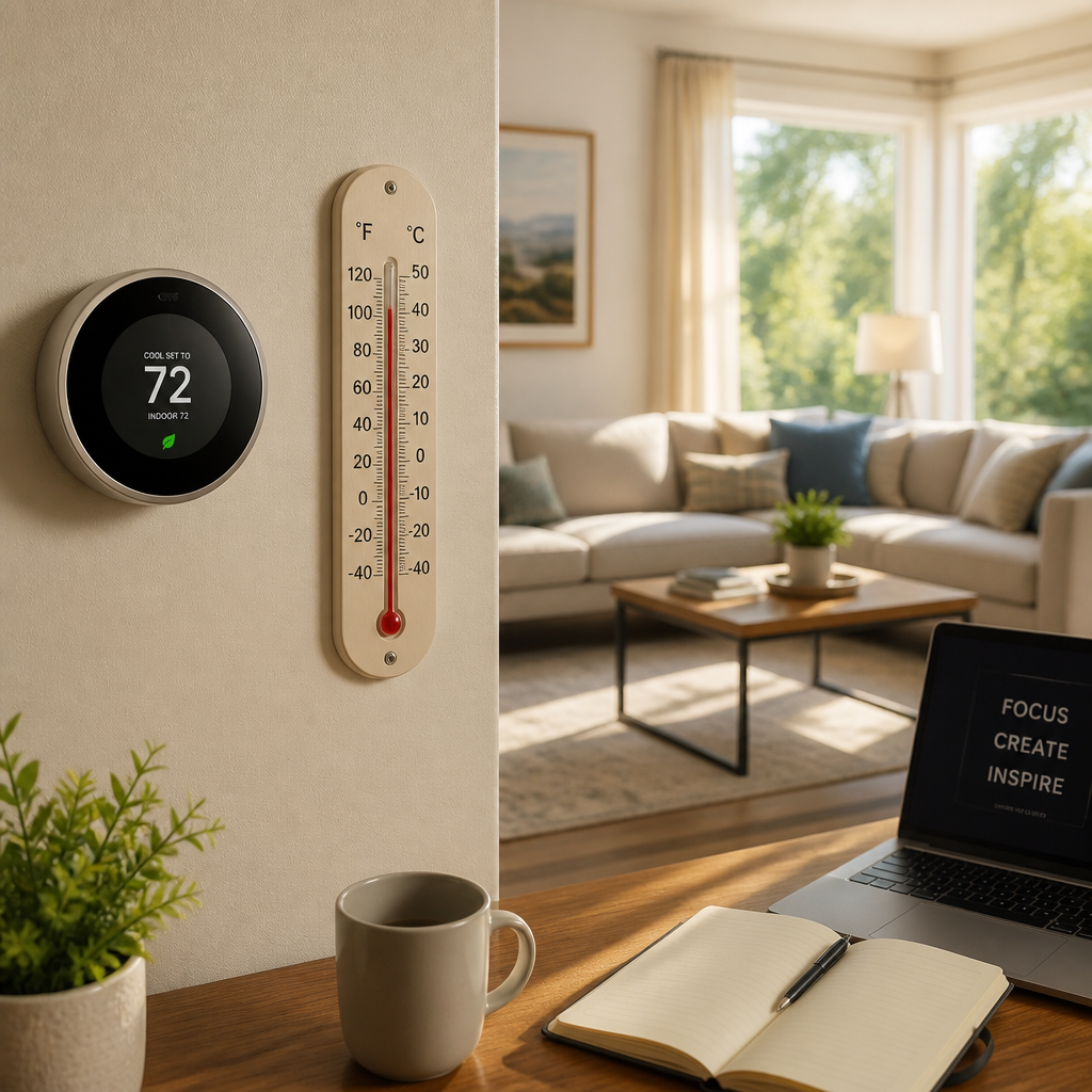 Interior home temperature control showing thermostat in bright natural light