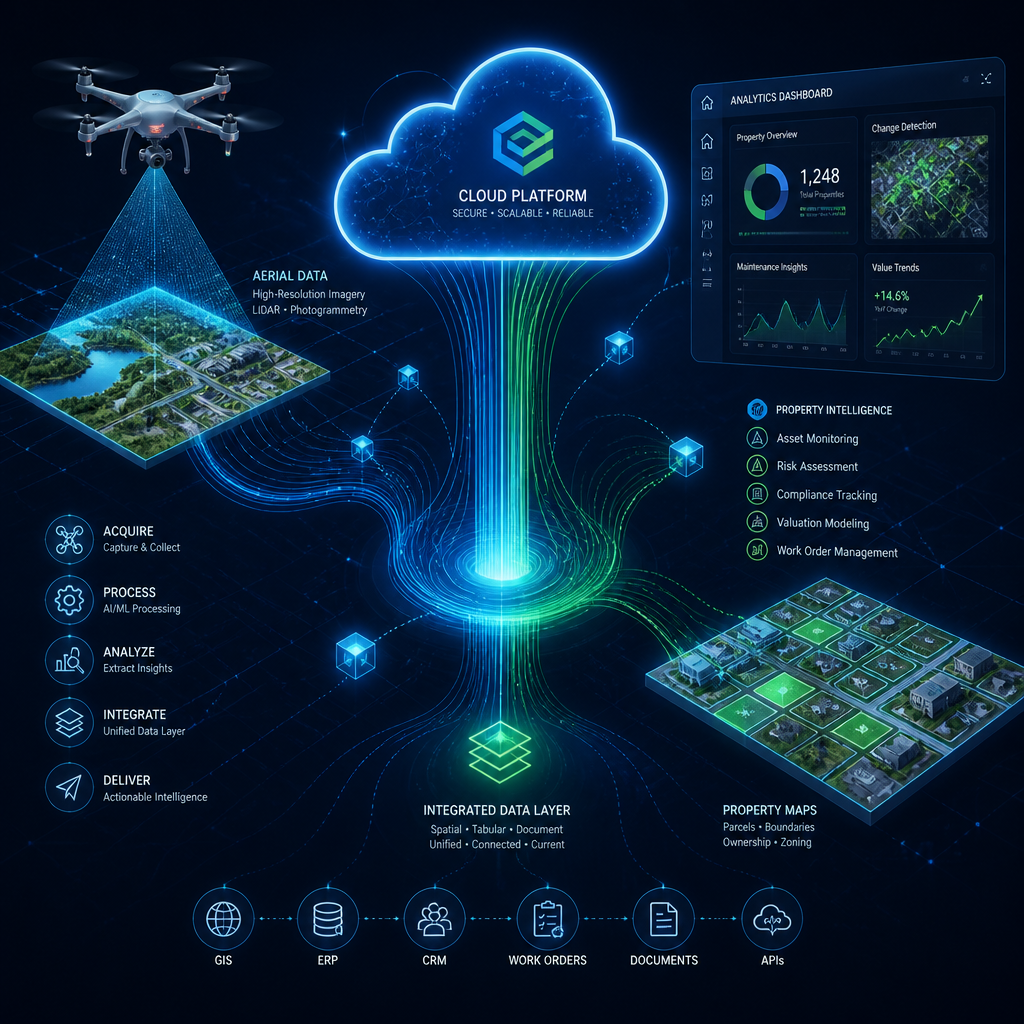 Illustration af dataflow fra dronebilleder til cloudbaseret ejendomsplatform