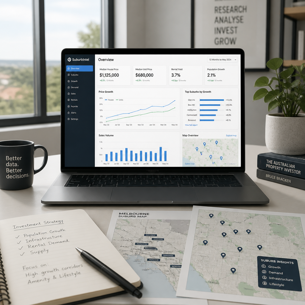 Laptop showing analytics dashboard with property maps and location pins on a modern desk