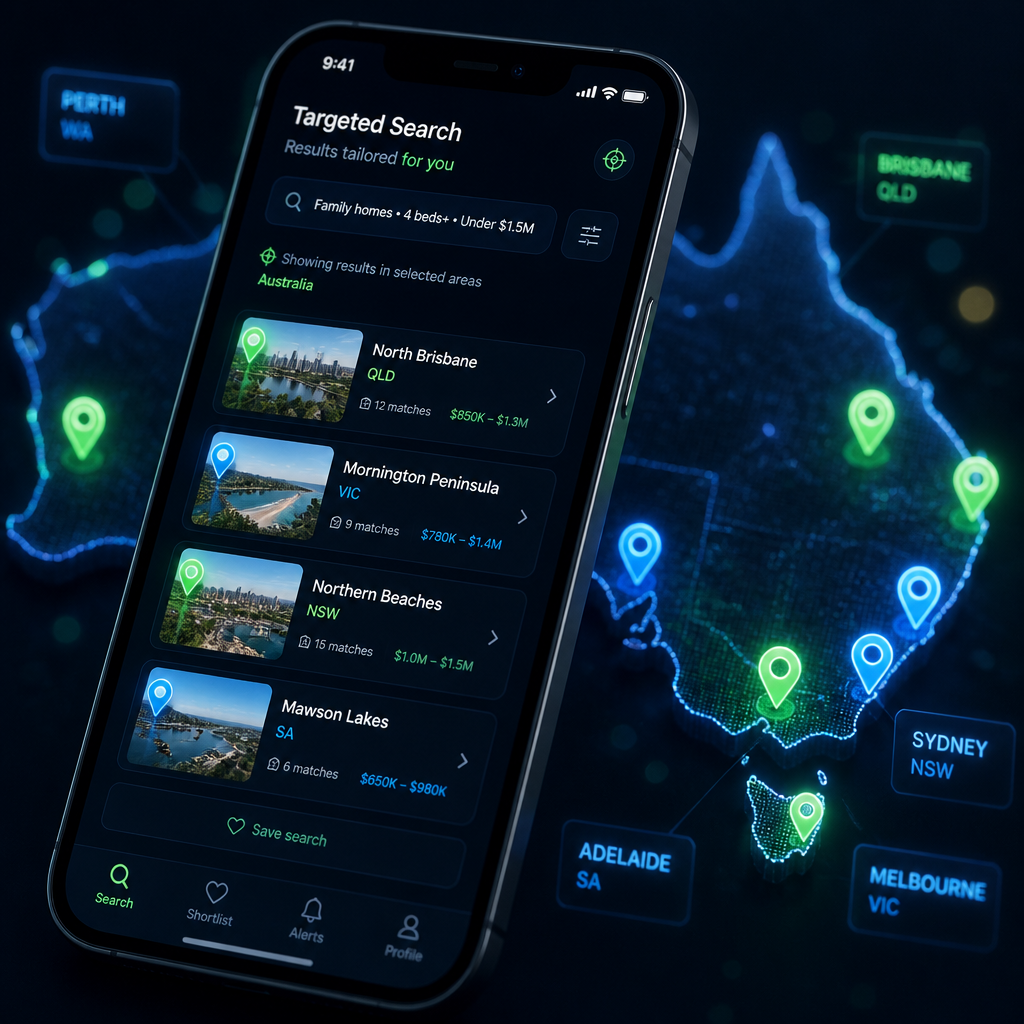 Mobile phone screen displaying targeted search results with location icons