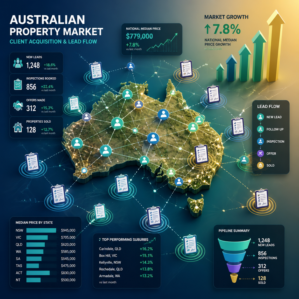 Data visualization showing property market growth with interconnected nodes and upward arrows