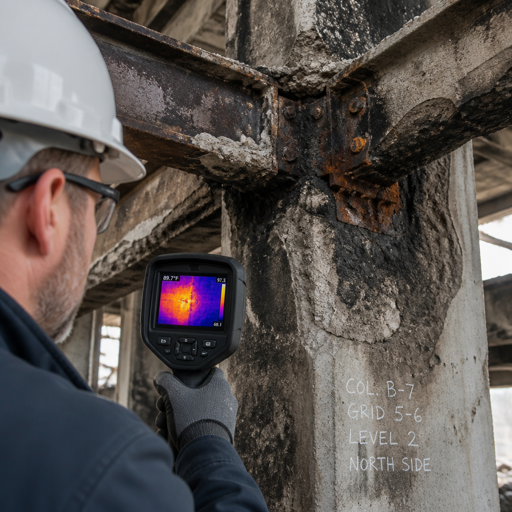 Expert inspecting fire-damaged structural elements with thermal imaging equipment