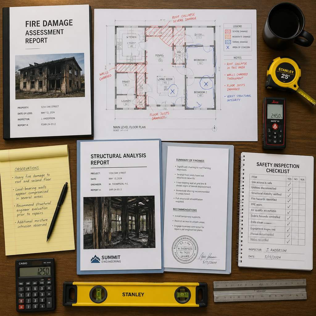 Fire damage assessment documents and technical reports arranged on a work surface