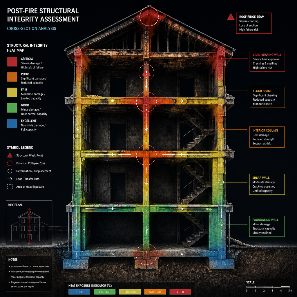 Structural damage visualization showing compromised areas in a fire-damaged building