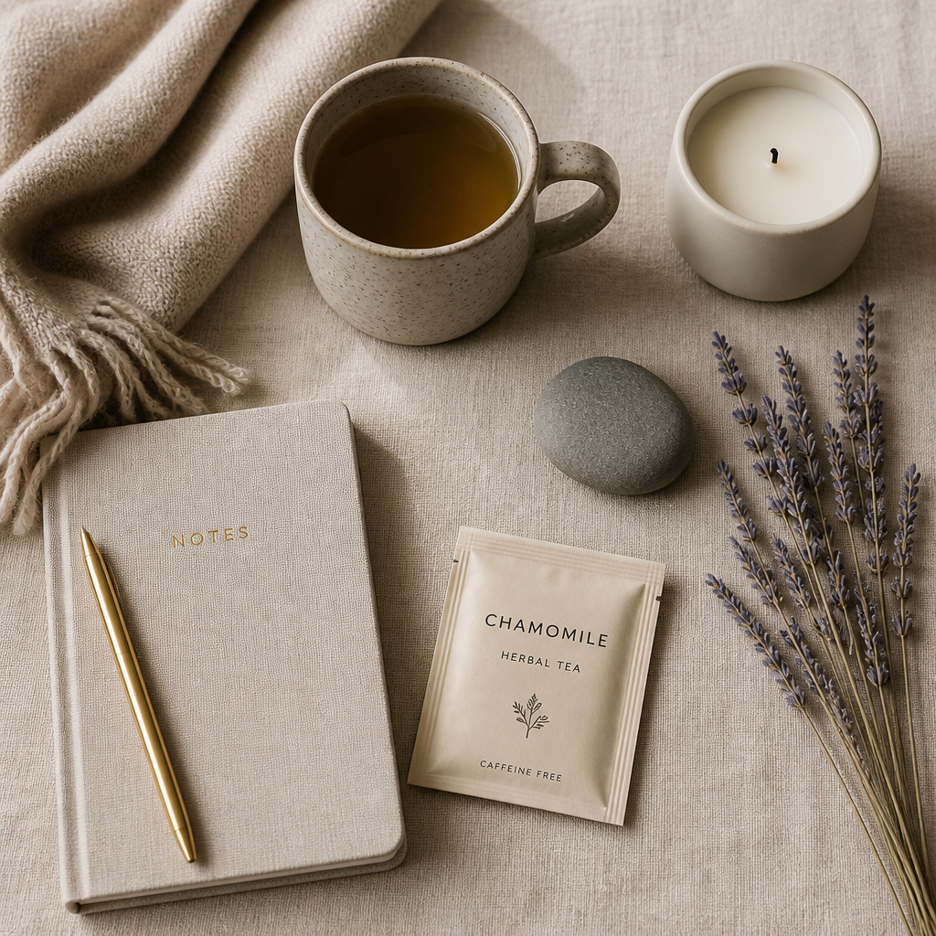 Thoughtfully arranged self-care items including candle, blanket, tea, and journal on a light background
