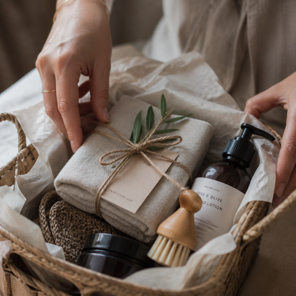 Hands carefully arranging self-care items into a gift box with neutral textures and materials