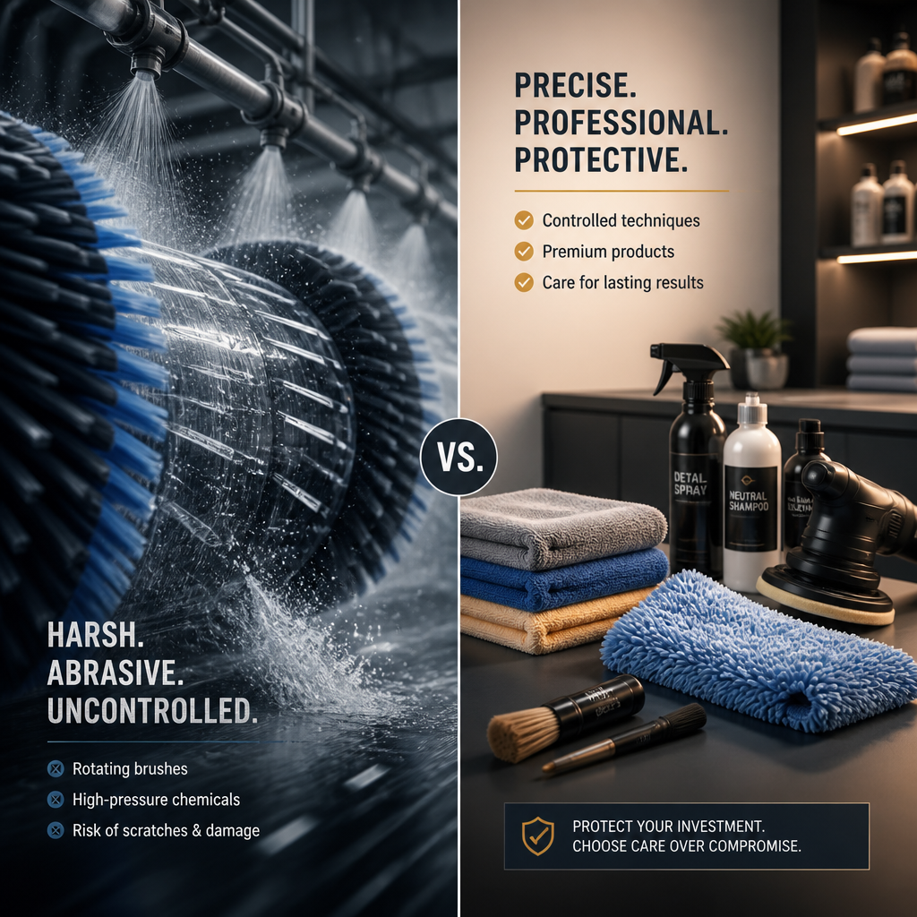 Split-screen comparison of automated car wash damage versus professional detailing approach