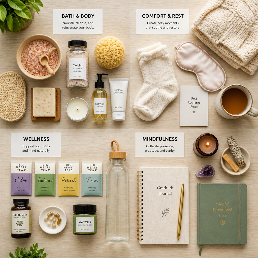 Top-down view of categorized self-care items organized by type on a neutral workspace