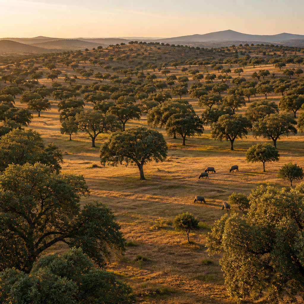 Vista aérea de una dehesa española con encinas dispersas y cerdos ibéricos pastando en el terreno natural