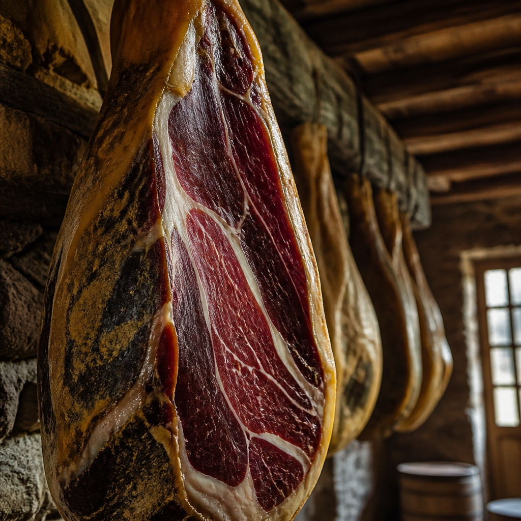 Jamón ibérico envejecido colgado en una bodega tradicional de piedra con detalles de curado artesanal