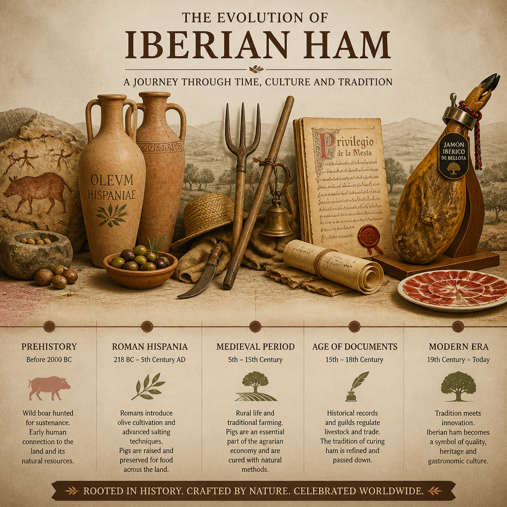 Representación visual de la evolución histórica del jamón ibérico desde la época romana hasta tradiciones medievales