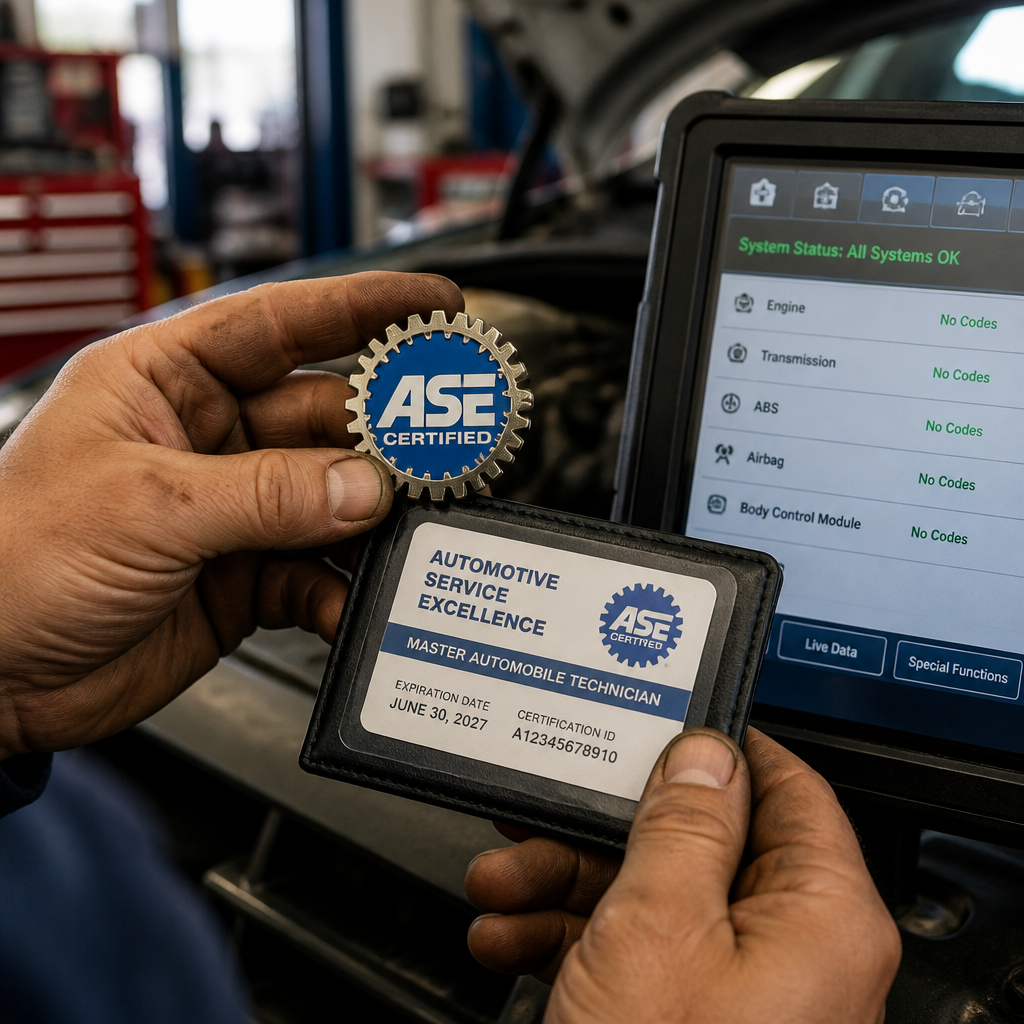 Professional mechanic displaying ASE certification credentials next to diagnostic equipment