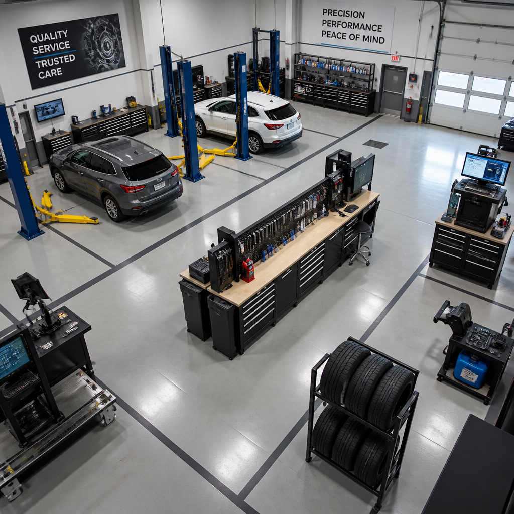 Professional auto repair shop facility with organized workstations and diagnostic technology