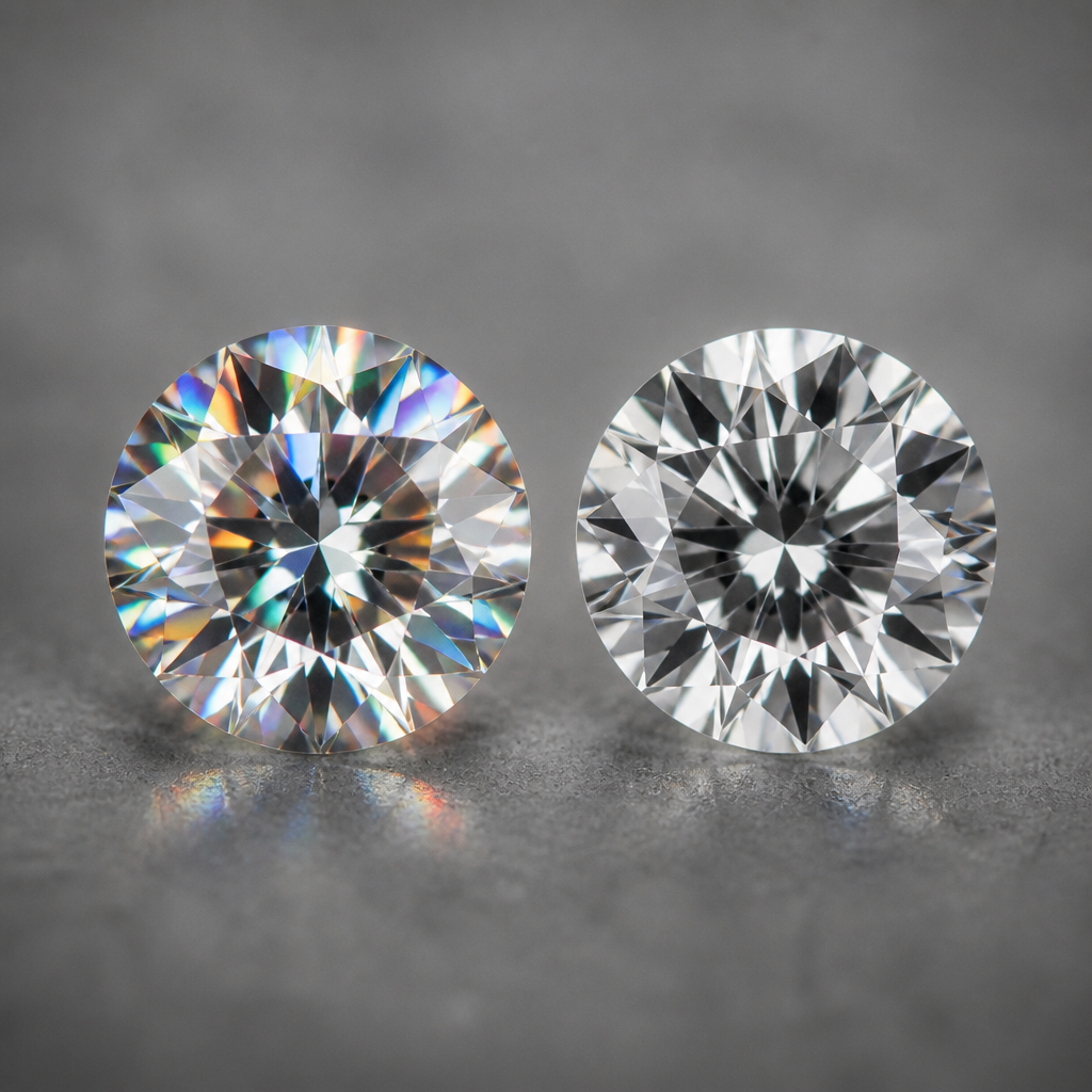 Macro comparison of moissanite and lab-created diamond showing their different light properties