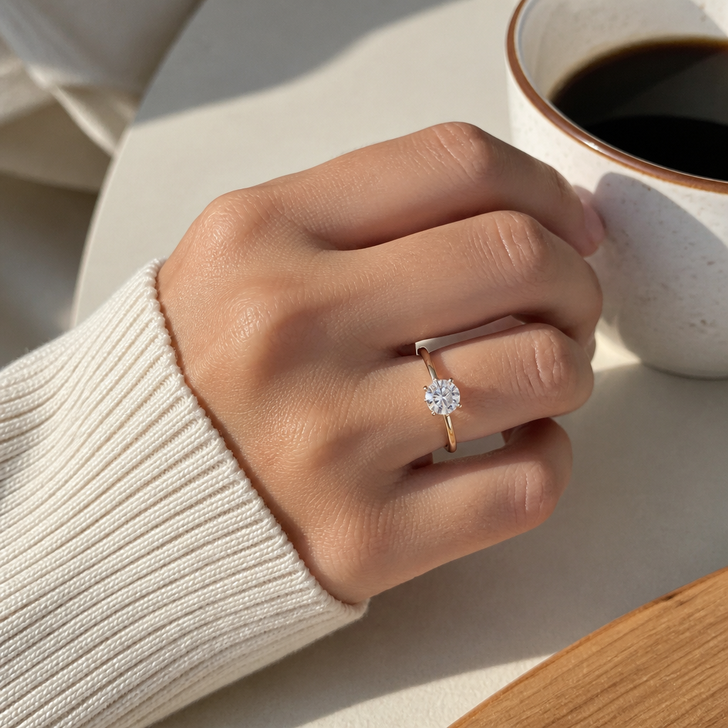 Engagement ring with moissanite stone worn on hand in natural daylight