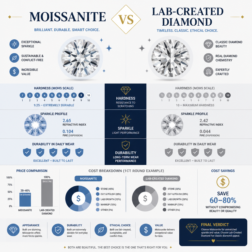 Infographic comparing specifications of moissanite and lab-created diamonds