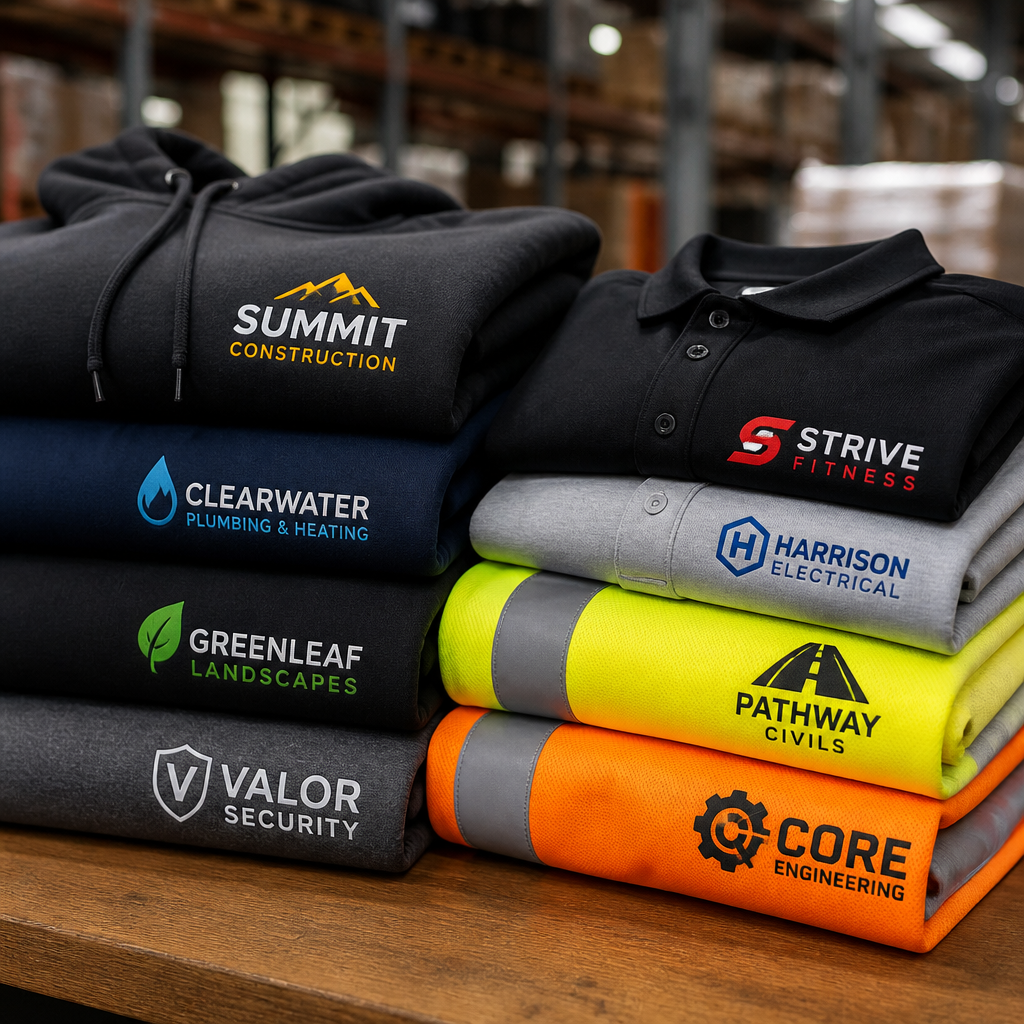 Stack of custom printed workwear garments showing branded apparel for different industries