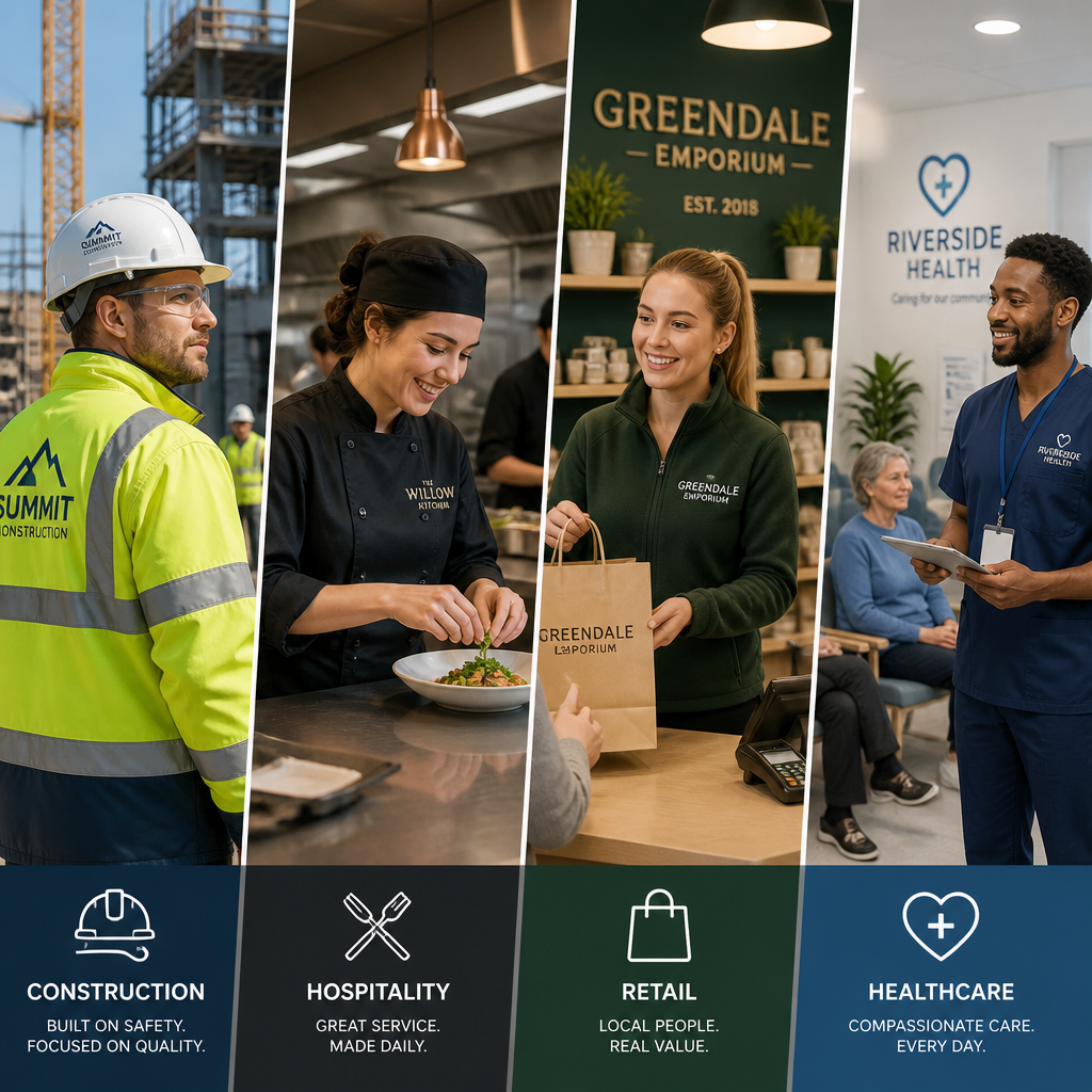 Four different UK workplace sectors showcasing employees in branded custom workwear