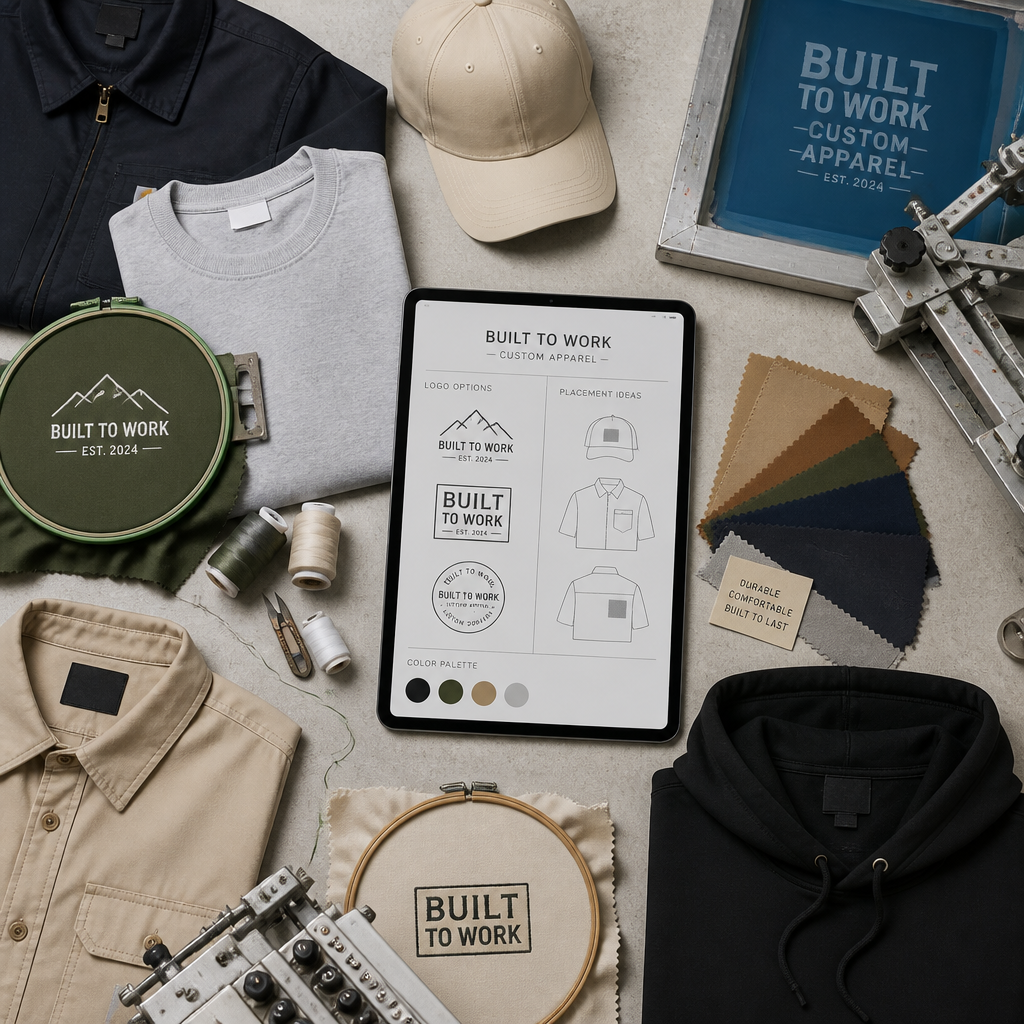 Workwear customization process showing garments, printing equipment, and design templates