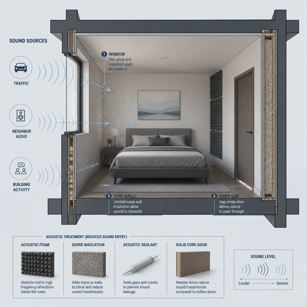Cross-section diagram showing sound paths entering a bedroom through windows, doors, and walls