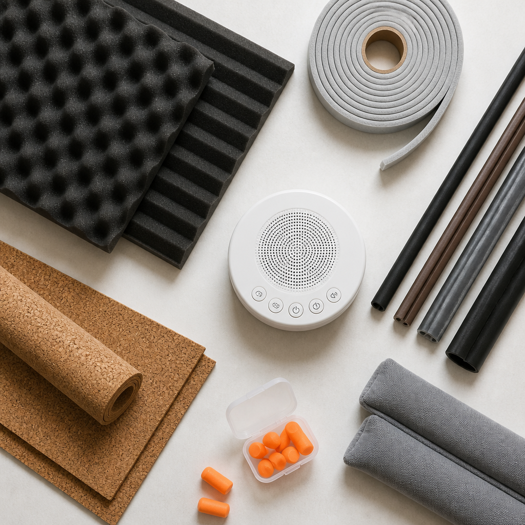 Collection of noise reduction materials including foam panels, weatherstripping, earplugs, and sound masking devices