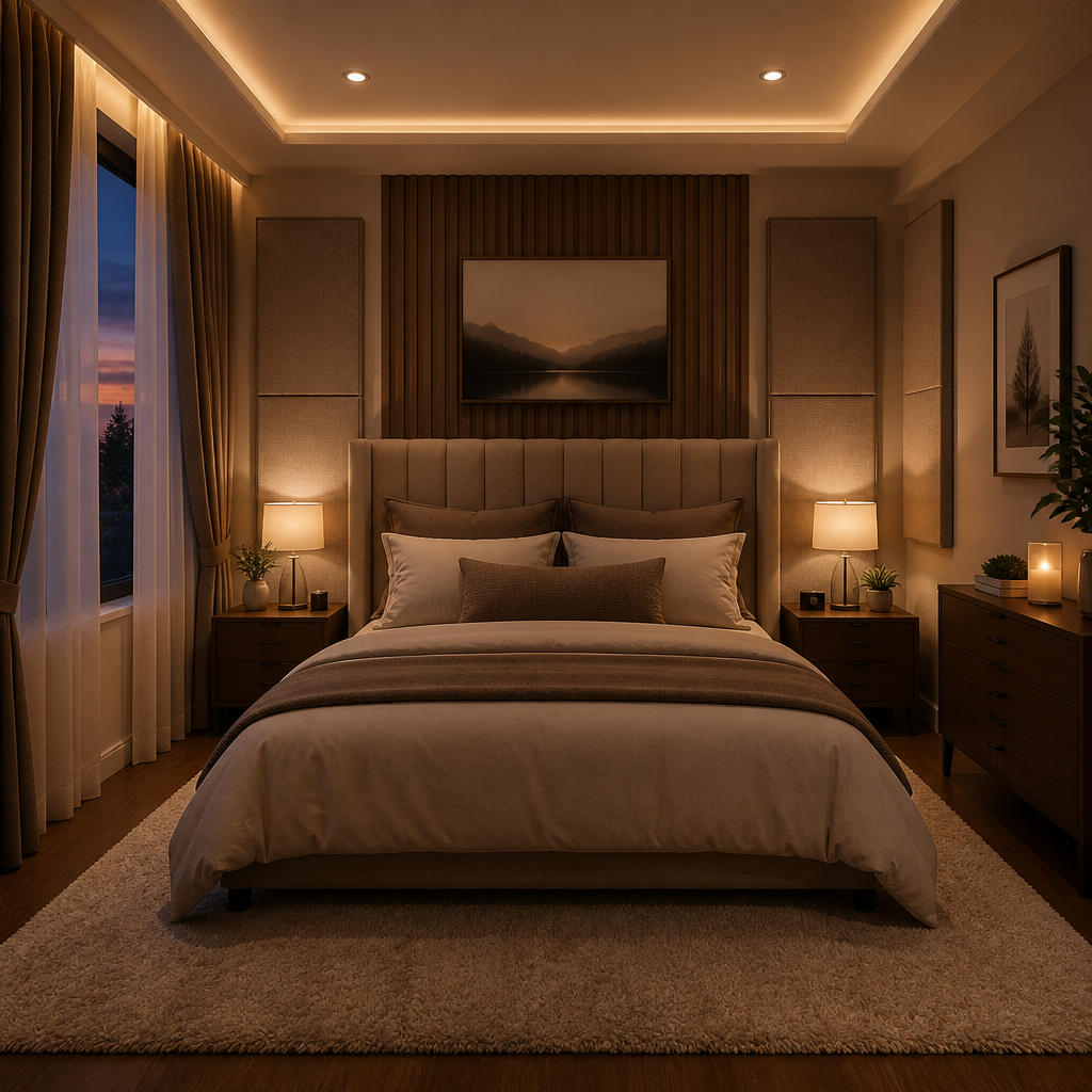 Calm bedroom interior showing noise reduction elements including heavy curtains, area rug, and layered furnishings