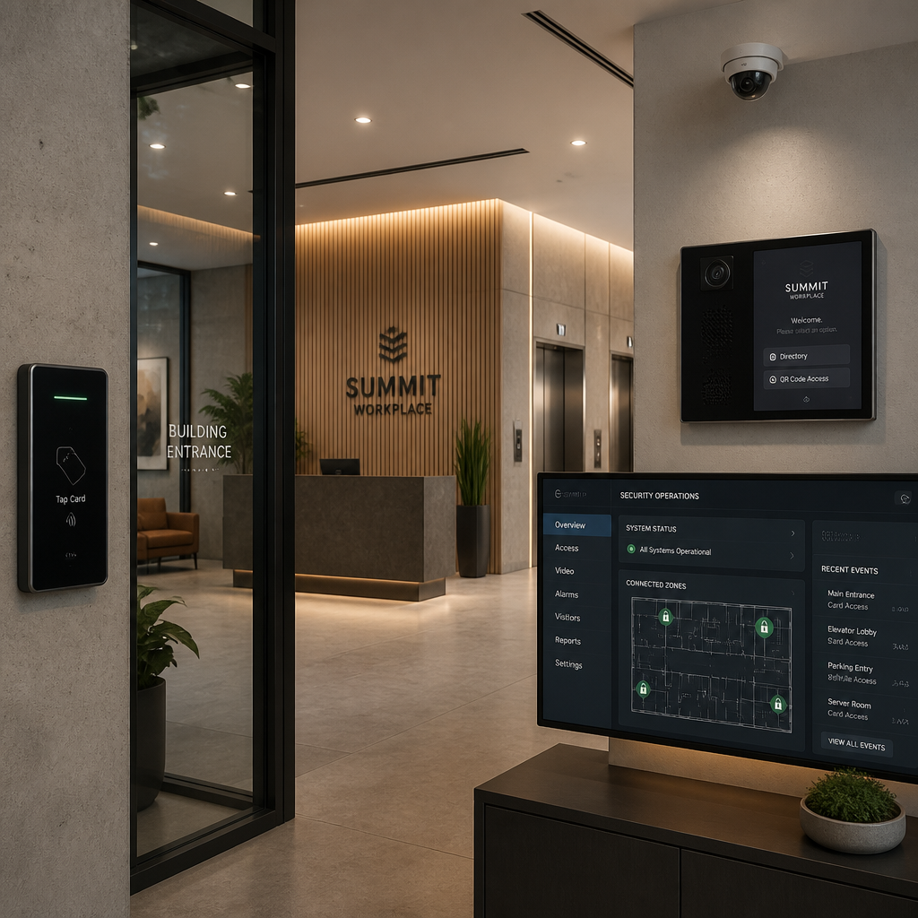 Integrated access control system in a modern office lobby with card readers and security dashboard