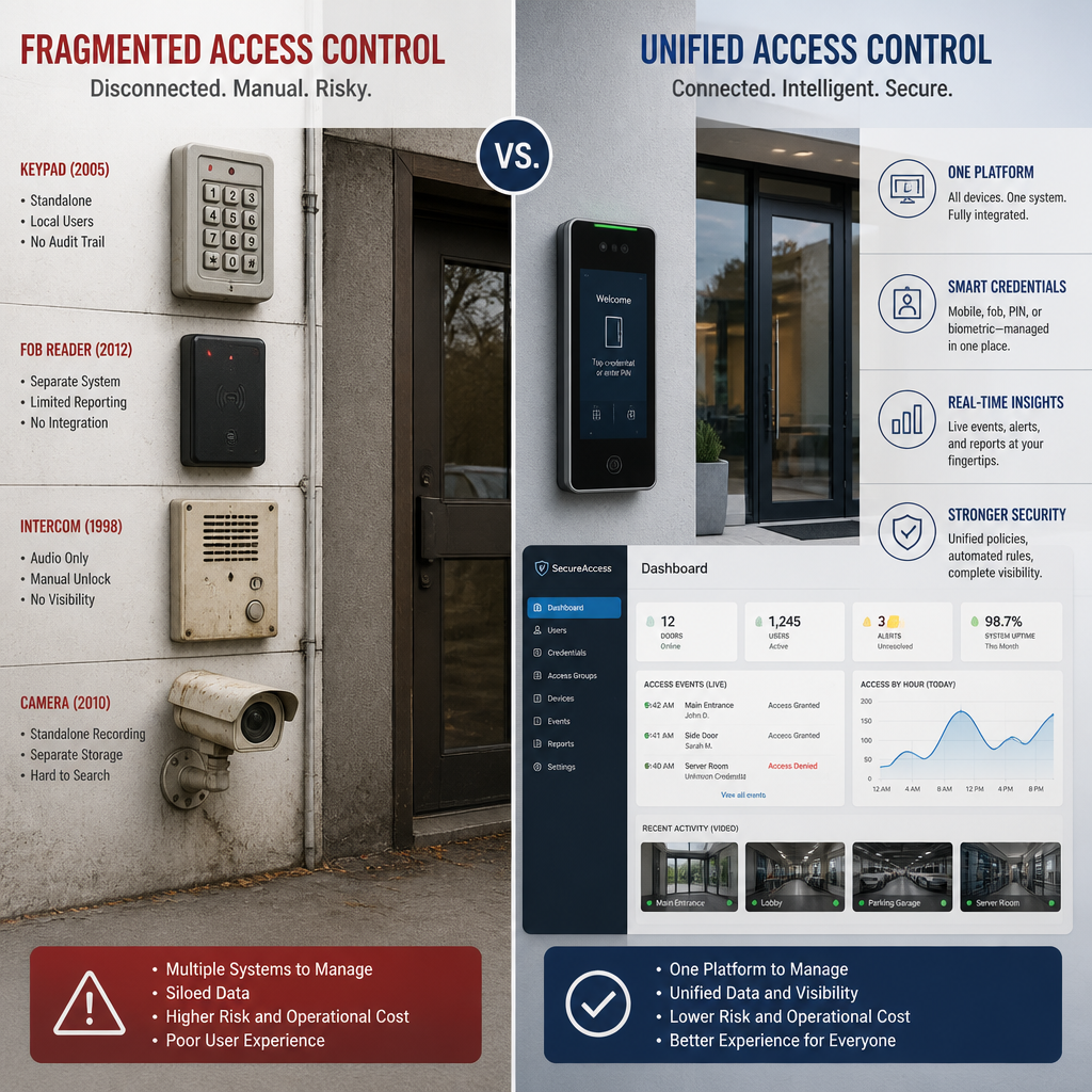Comparison of fragmented versus unified access control systems for office buildings