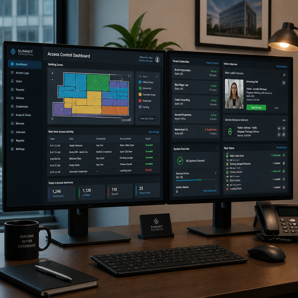 Property manager monitoring unified access control system across multiple building zones on dashboard