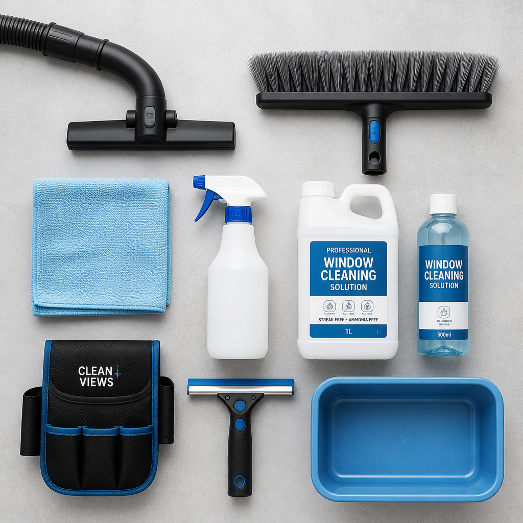 Window cleaning tools and supplies laid out on a work surface