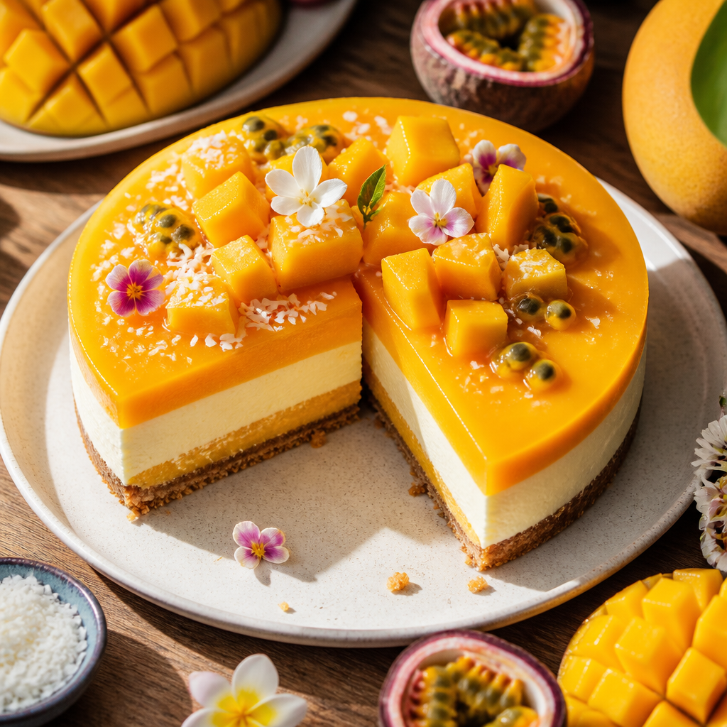 Sliced mango cheesecake with fresh tropical fruits on a plate