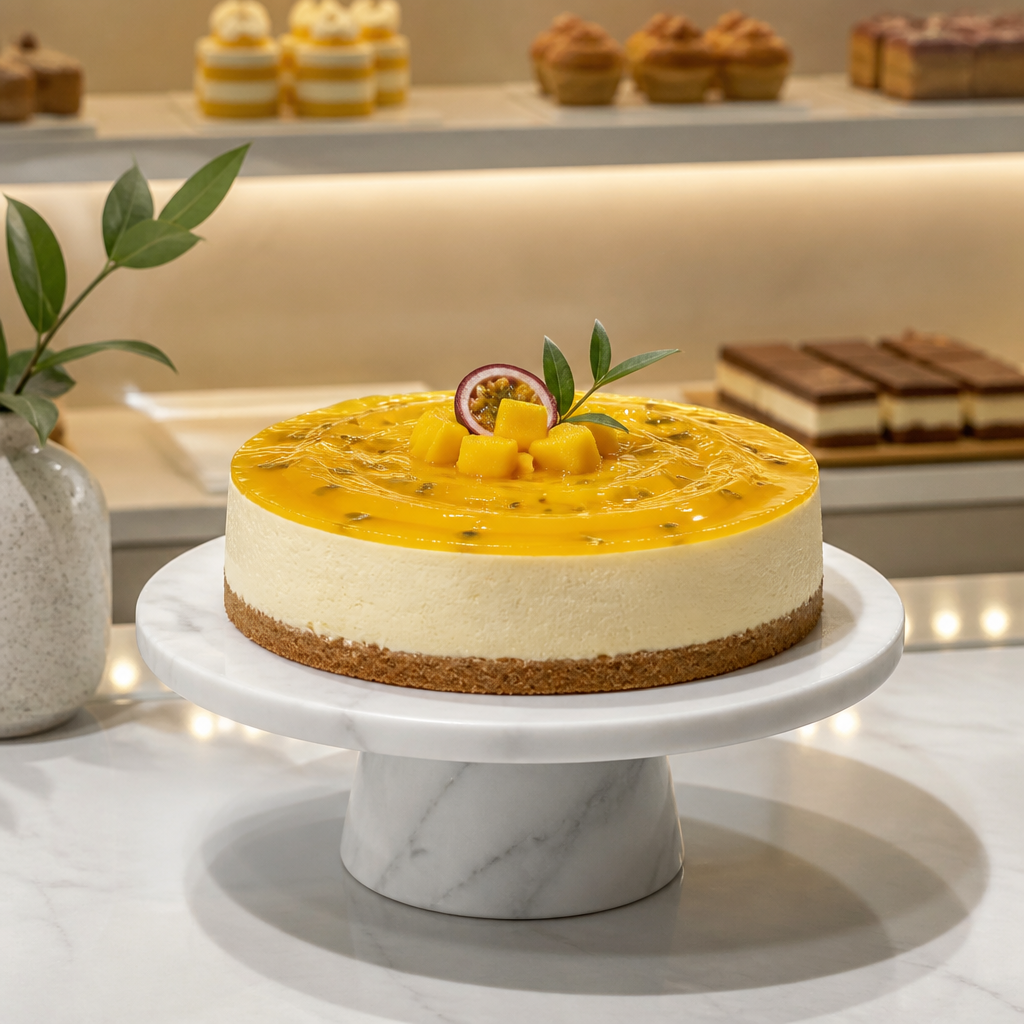 Whole mango passionfruit cheesecake displayed on a marble pedestal in a bakery
