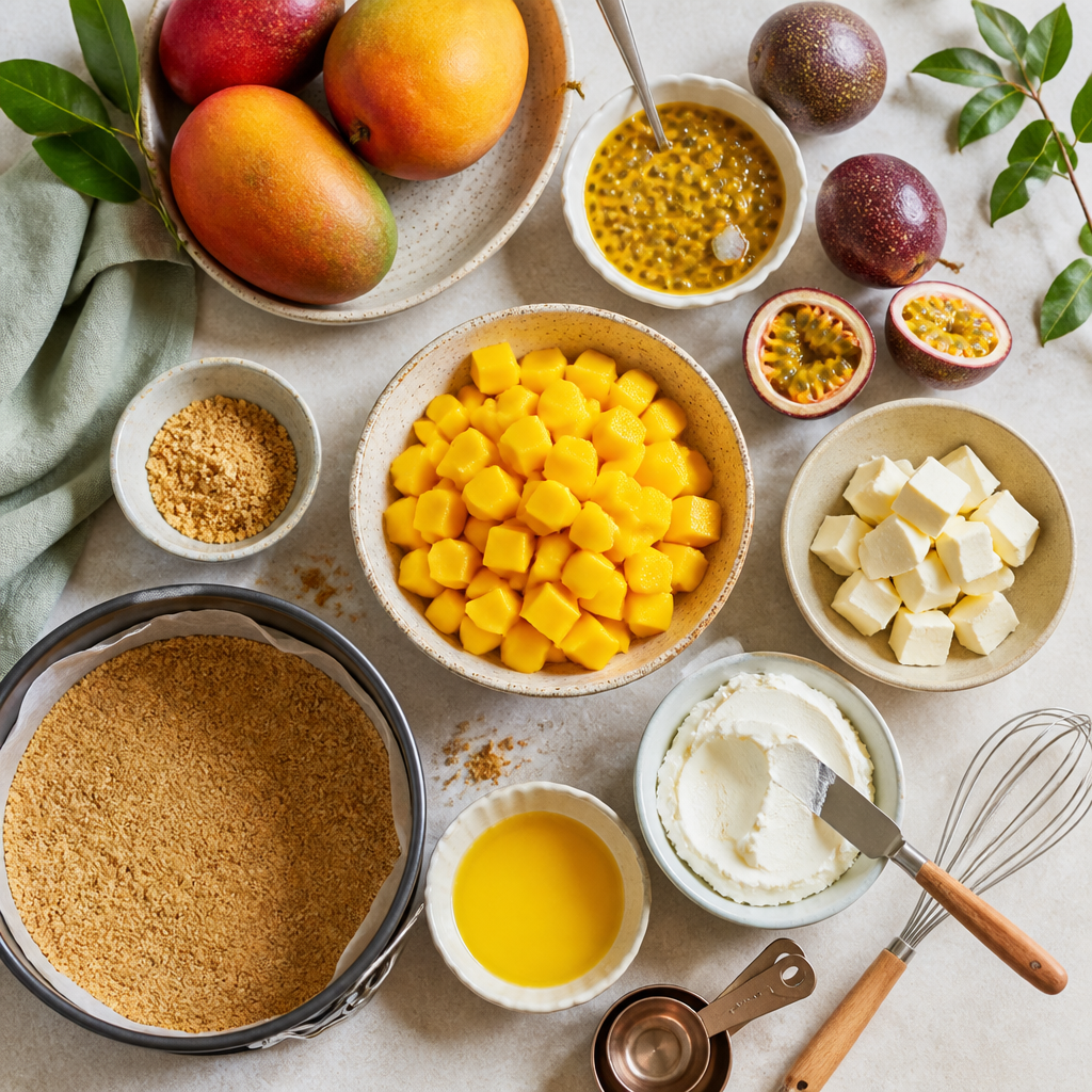 Mango cheesecake ingredients arranged overhead including fresh fruit and baking components