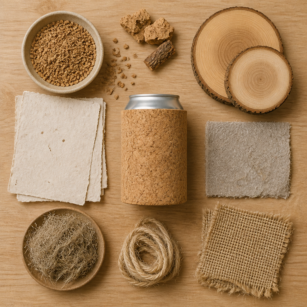 Eco-friendly insulator materials including cork, hardwood, and natural fibers arranged in a flat lay composition