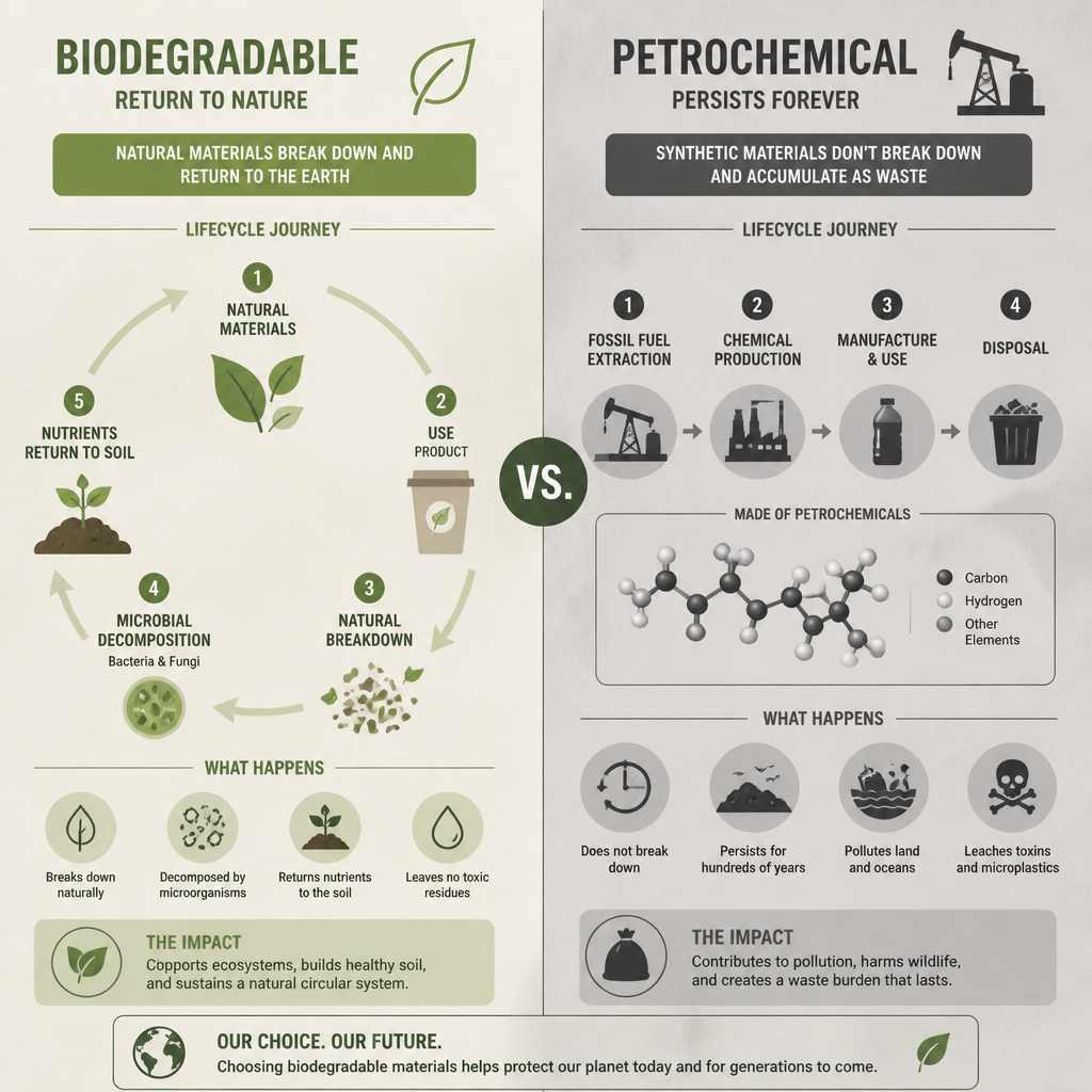 Abstract lifecycle comparison showing biodegradable materials versus petrochemical-based products through icons and visual symbols