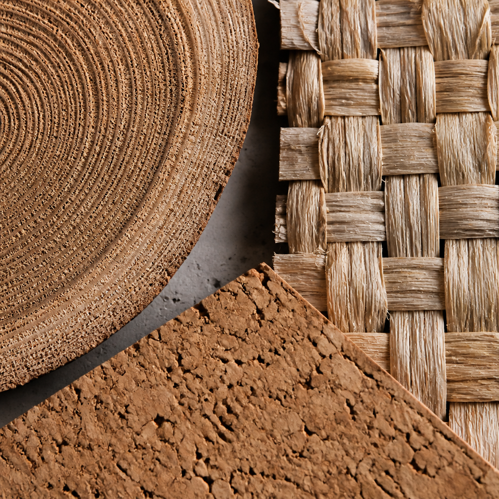Detailed close-up textures of sustainable materials including wood grain, natural fibers, and cork surface
