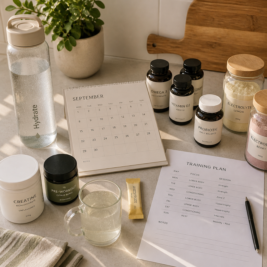 Supplement bottles and electrolyte powders arranged on a kitchen counter with September calendar and water bottle