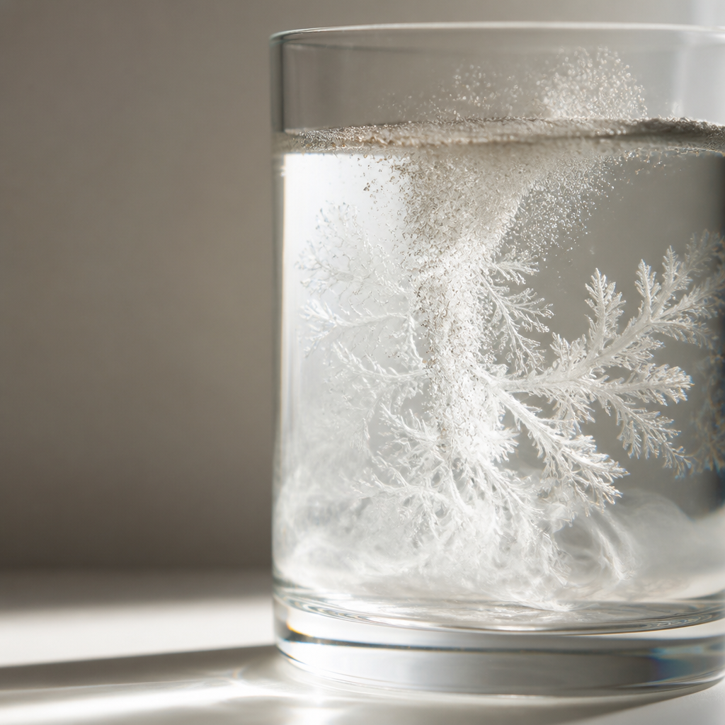 Electrolyte powder dissolving in water creating crystalline patterns with backlighting
